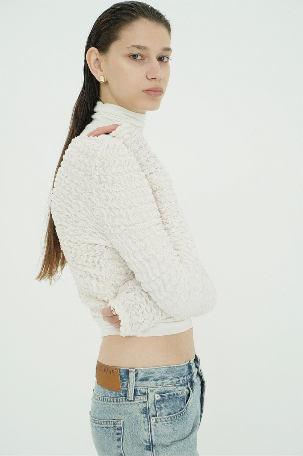 ダブルフェイス シャーリング カーディガン  - W FACE SOFT SHIRRING CARDIGAN (WHITE)
