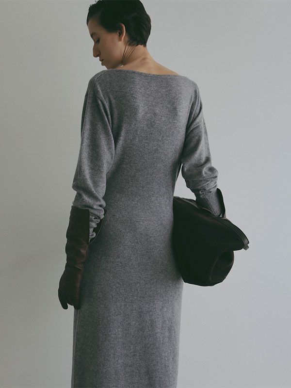 ドレープネックニットワンピース-GREY