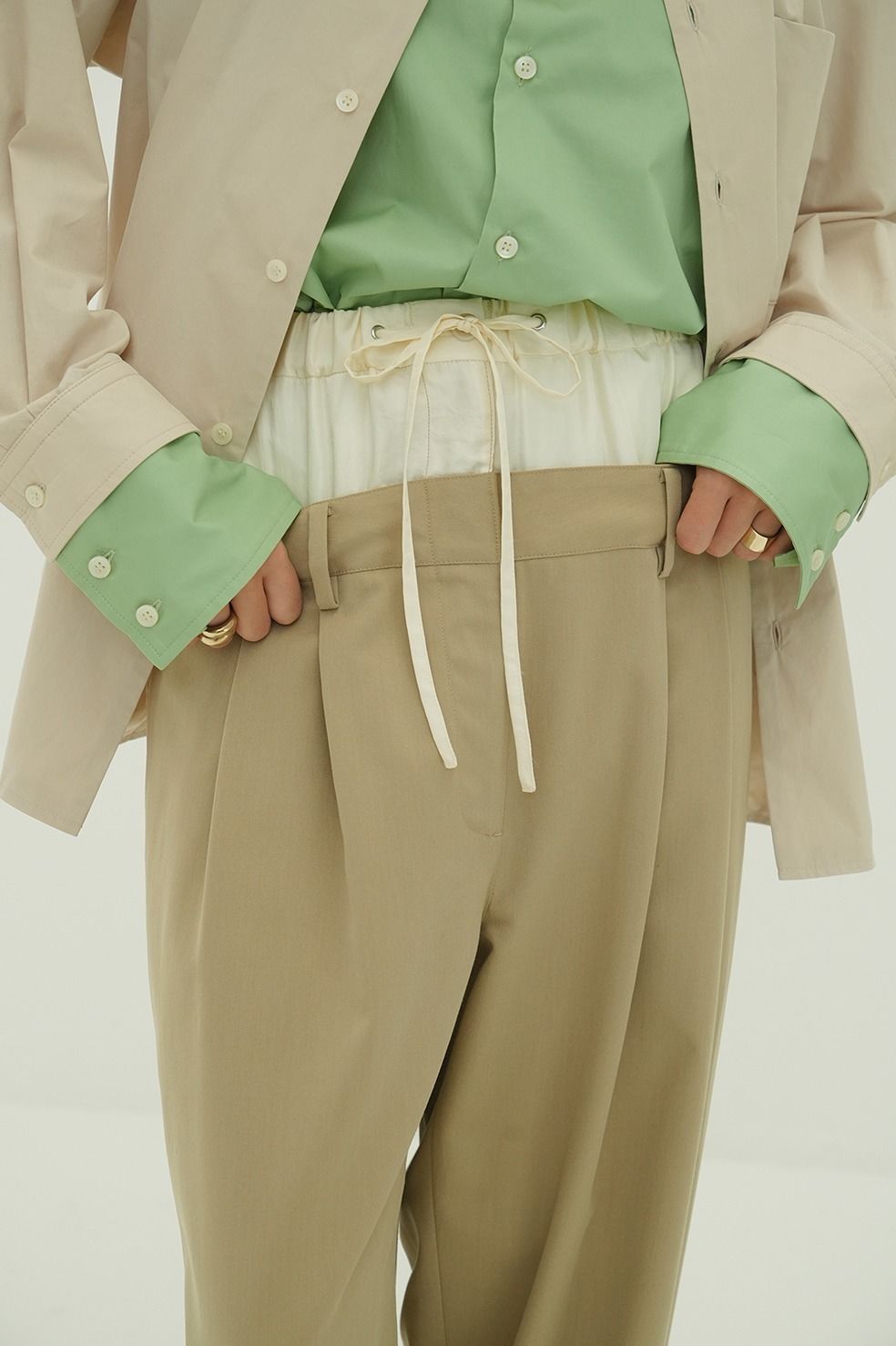 ダブルレイヤード スラックス - W WAIST WIDE SLACKS (BEIGE)