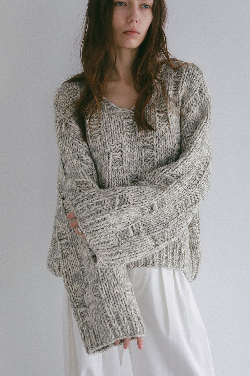 バルキーヤーンハンドニットトップス -  BULKY YARN HAND KNIT TOPS(GREY MIX)