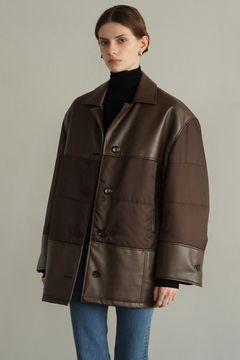 ヴィーガンレザー オーバーサイズ ジャケット - LEATHER SWITCHING OVER JACKET - BROWN