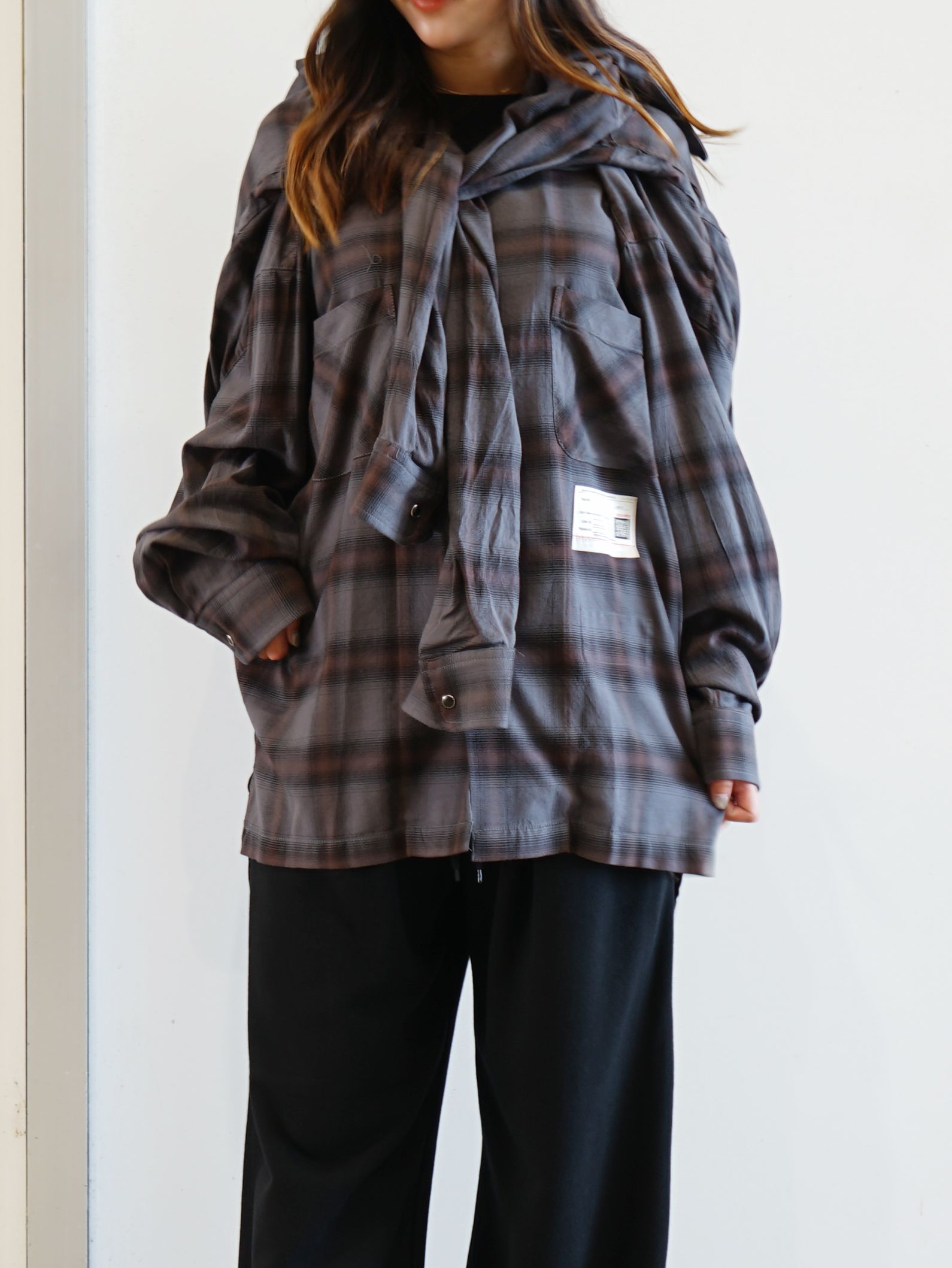 レイヤードチェックシャツ - Sleeve Layered Check Shirt (DARK GRAY)