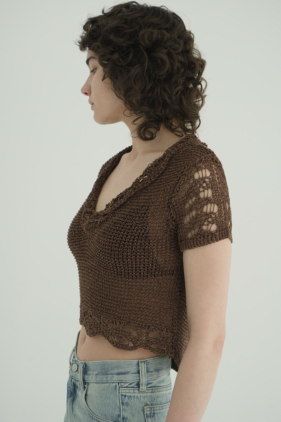 クロップドニットトップス - CROPPED CROCHET KNIT TOPS - BROWN