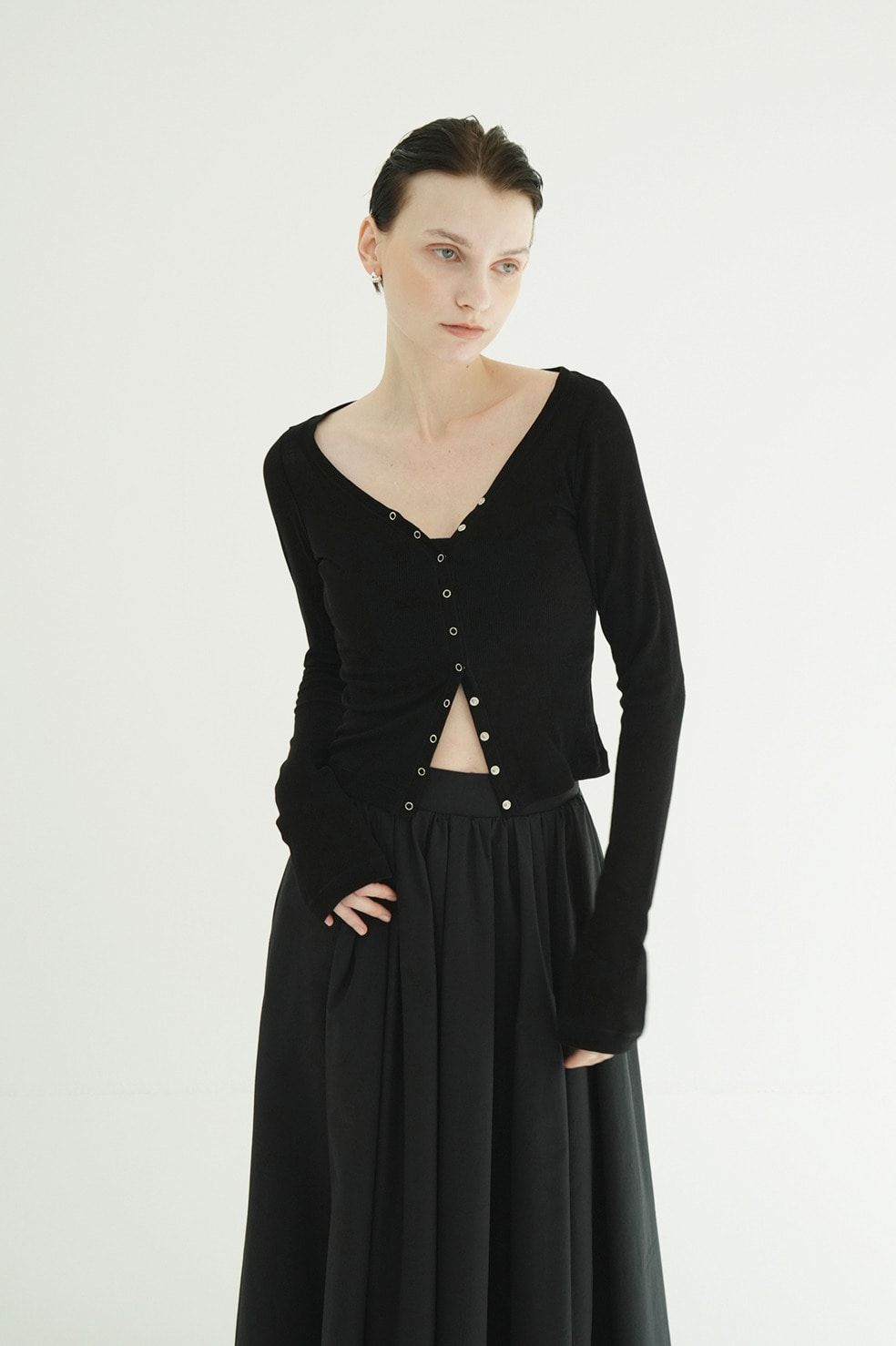 タンクトップ+カーディガン - CURVED NECK LAYERED SET TOPS （BLACK）