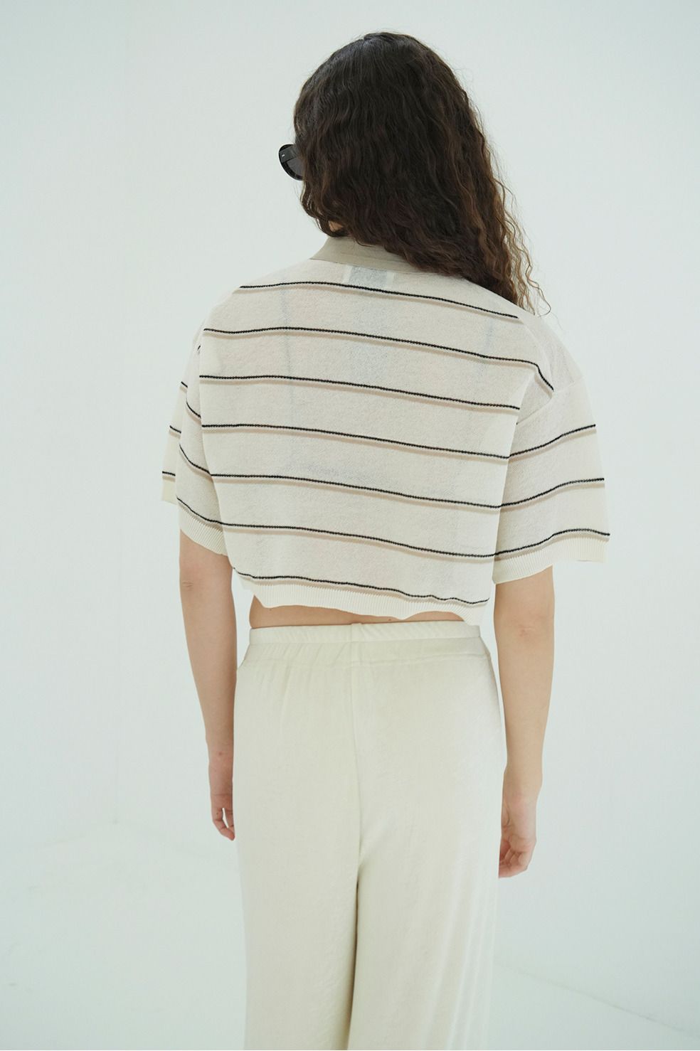 ボーダーポロトップス - SPONGY SHEER POLO KNIT TOPS (IVORY)