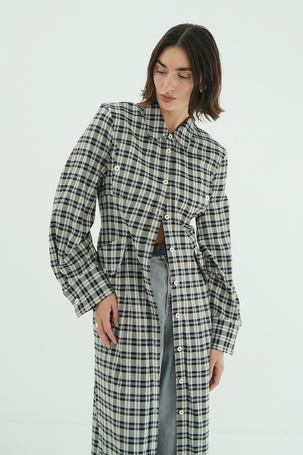 チェックシャツワンピース - UP POCKET CHECK SHIRT ONEPIECE (BLACK)