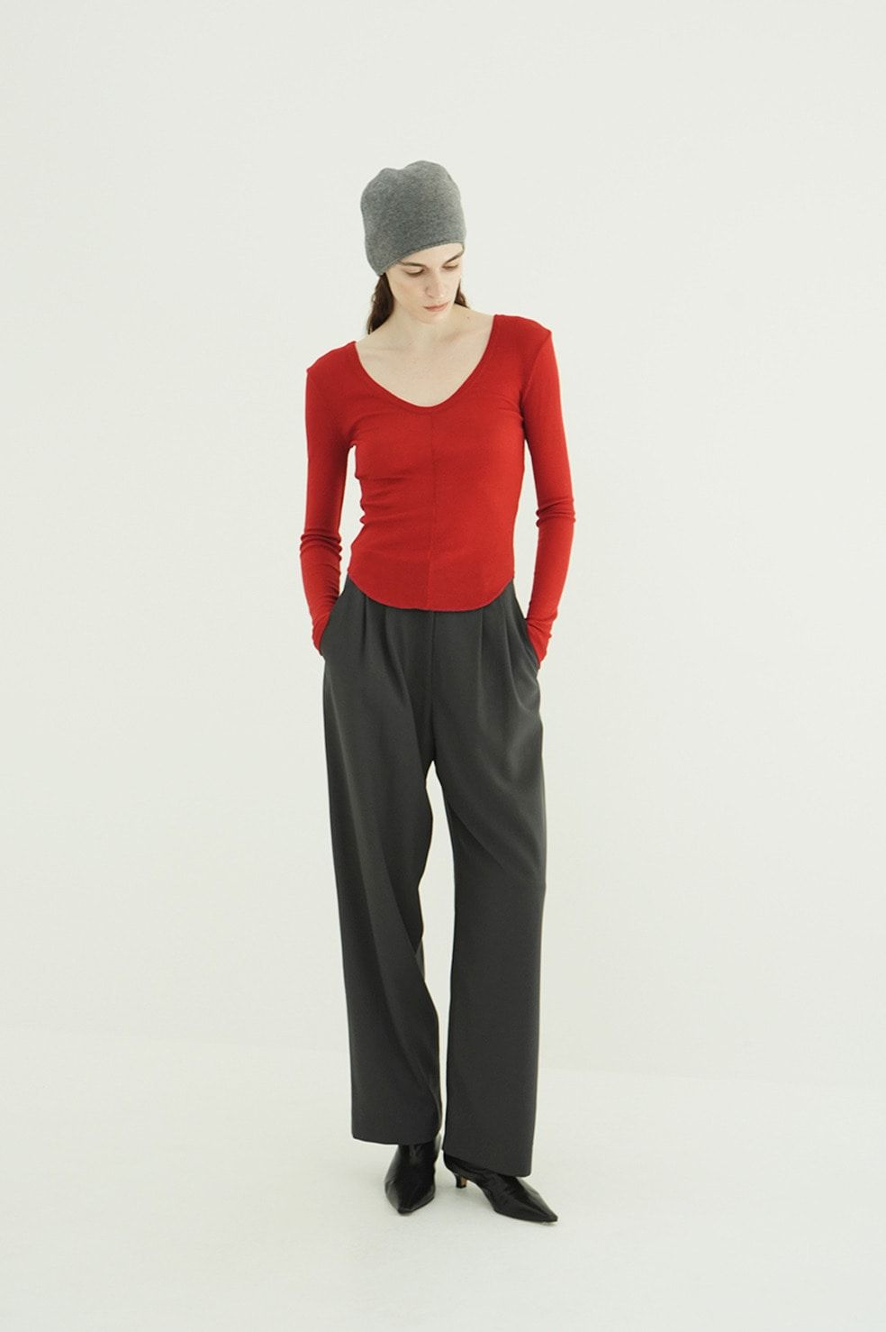 ウールリブカットソー - W FACE WOOL RIB TOPS（RED）