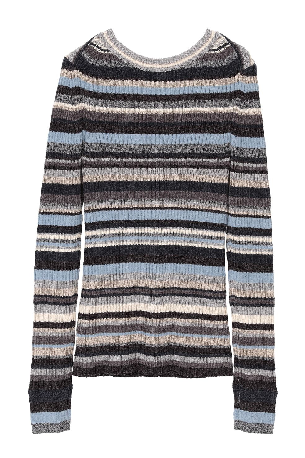 マルチボーダーニットカーディガン - MULTI BORDER BUTTON DETAIL KNIT CARDIGAN (SAX)