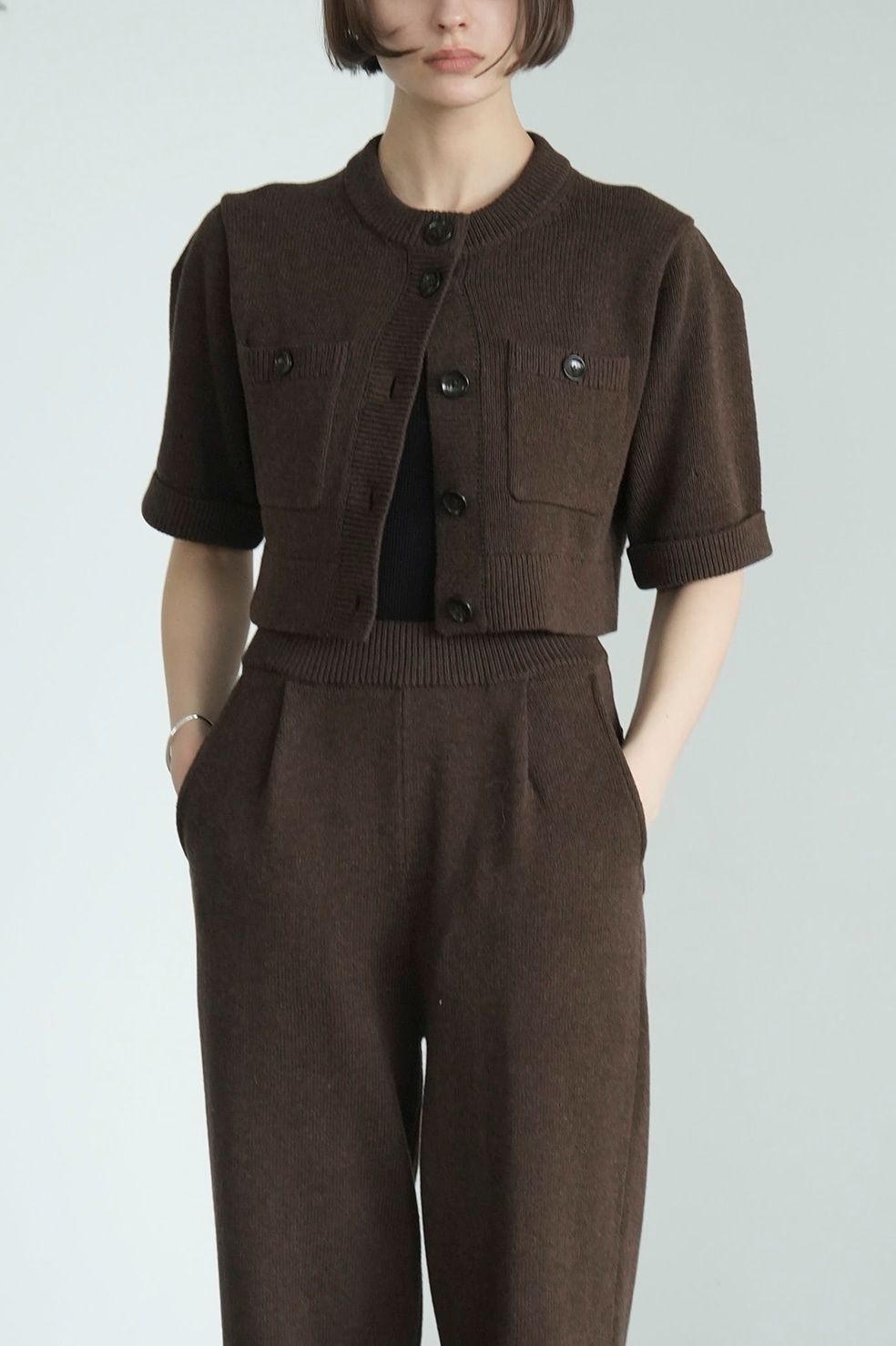 カーディガン - ニットパンツセット / HALF SLEEVE KNIT TOPS & PANTS SET - BROWN