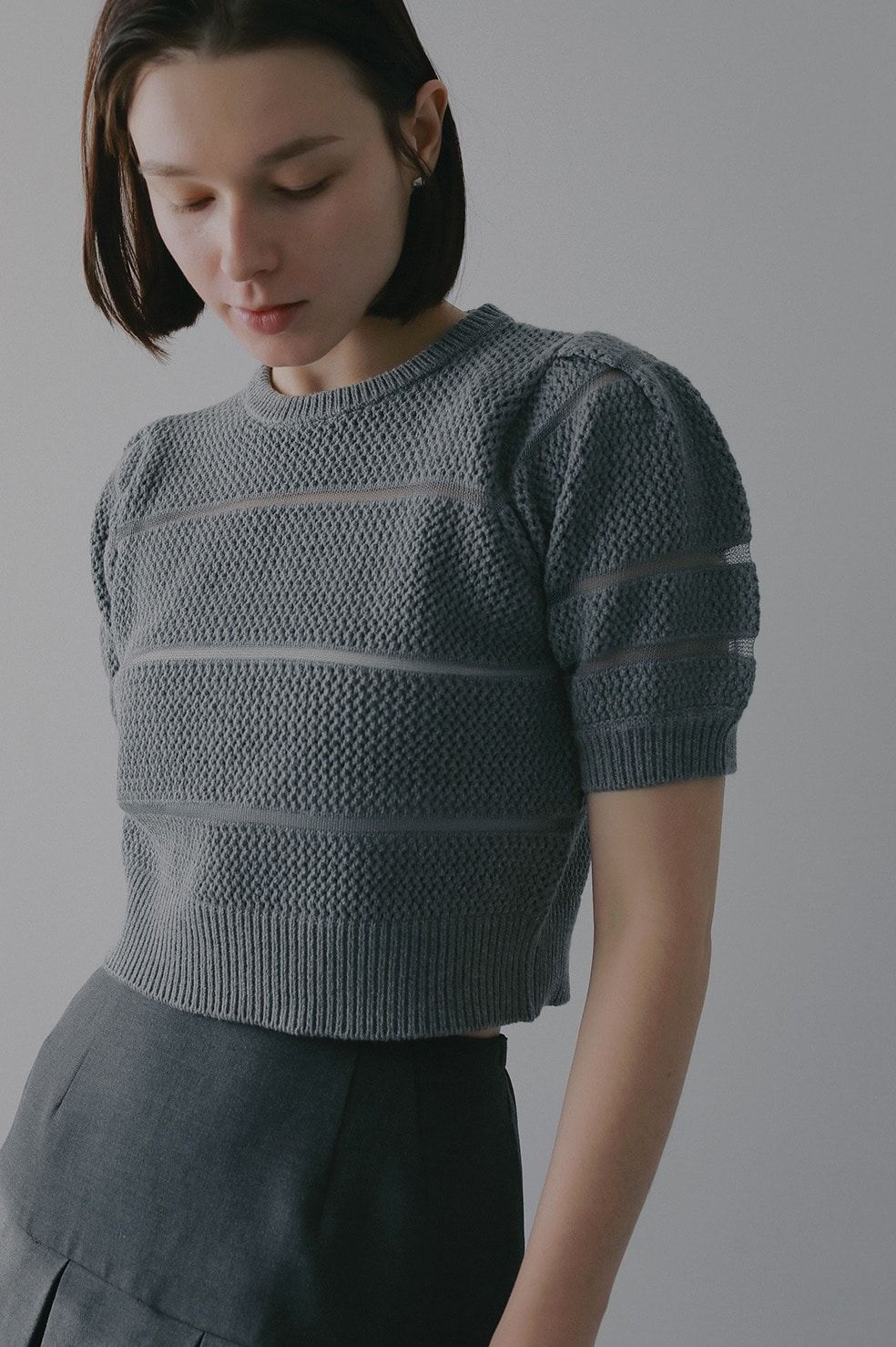 ショート丈ニットトップス - OPENWORK KNIT SHORT TOPS (GREY)