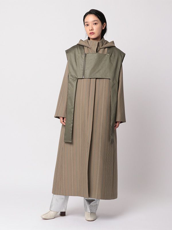 チェックフーデイーロングコート - KHAKI