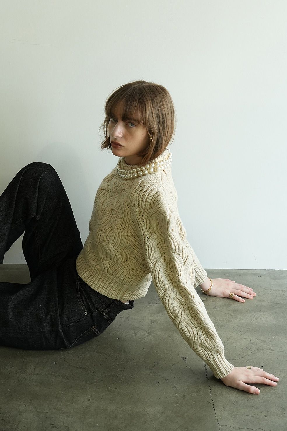 CLANE - パール ニットトップス - PEARL NECK KNIT TOPS - IVORY 