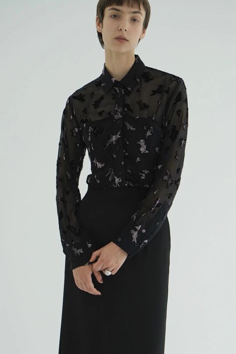 オパールプリント ビスチェ付きシャツ -  FLOWER OPAL BUSTIER SHIRTS BLACK