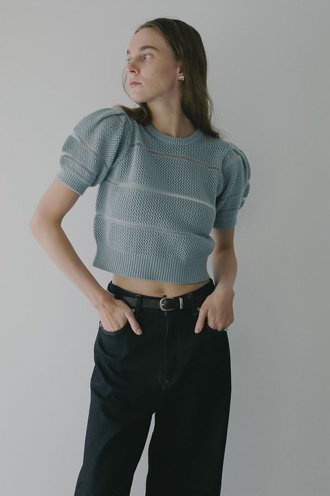ショート丈ニットトップス - OPENWORK KNIT SHORT TOPS (BLUE)