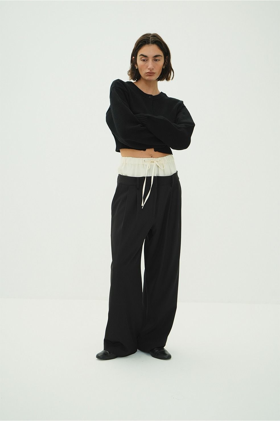 ダブルレイヤード スラックス - W WAIST WIDE SLACKS (BLACK)