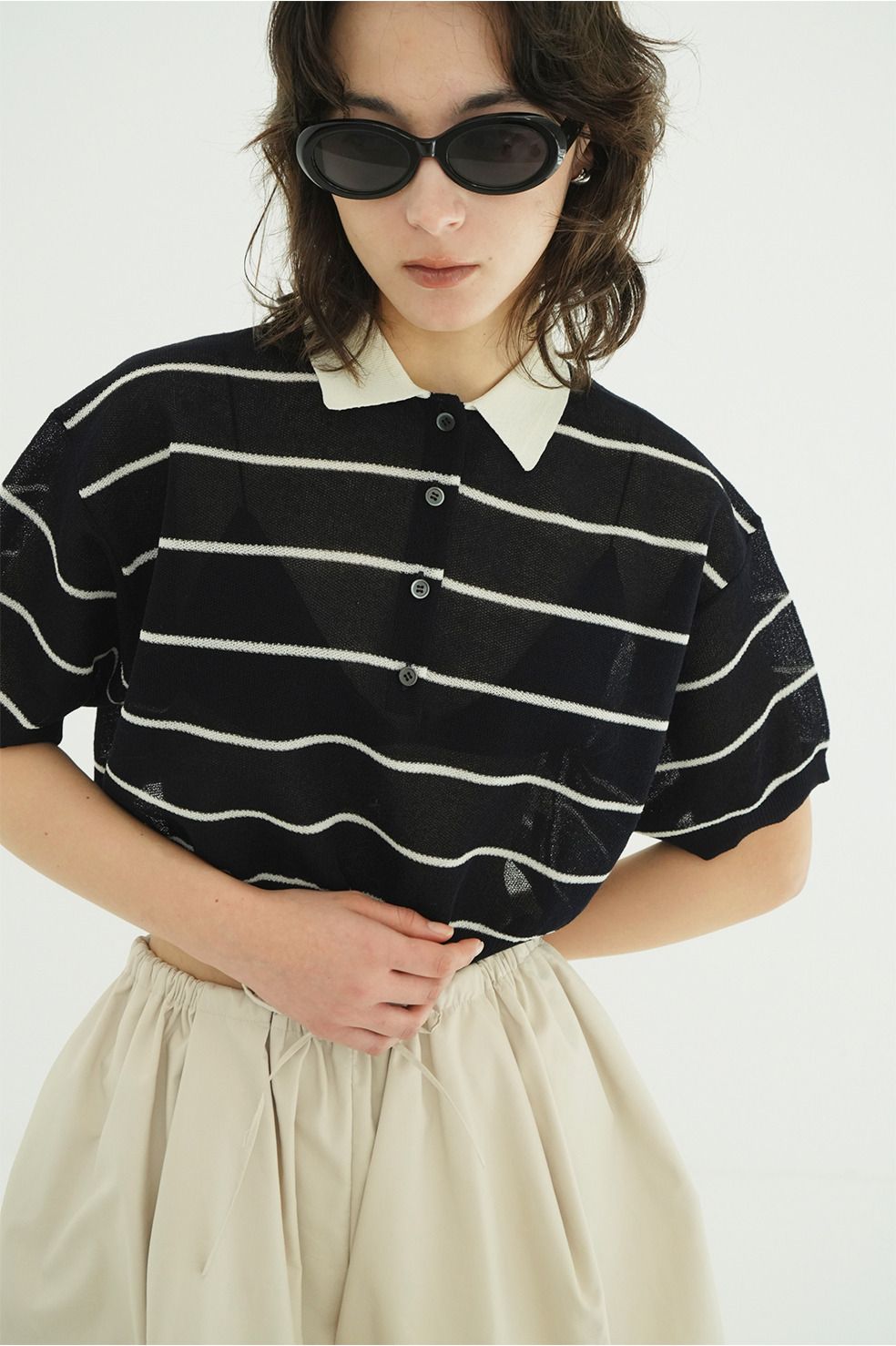ボーダーポロトップス - SPONGY SHEER POLO KNIT TOPS (NAVY)