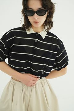 ボーダーポロトップス - SPONGY SHEER POLO KNIT TOPS (NAVY)
