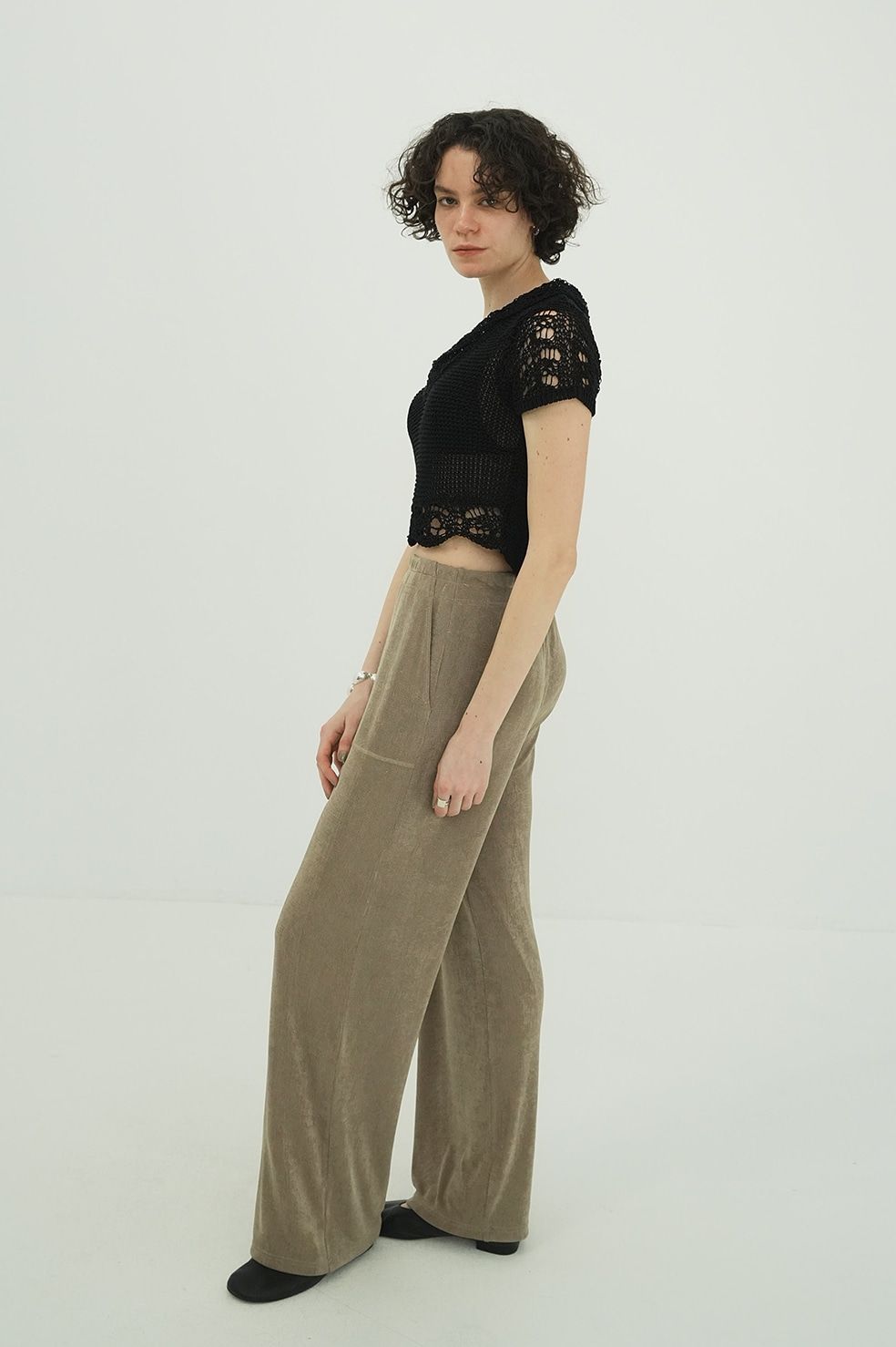 クロップドニットトップス - CROPPED CROCHET KNIT TOPS - BLACK