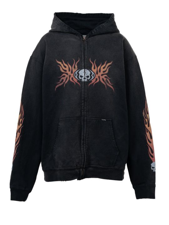 スカルフレイム ディストレスド ジップアップフーディー - “Skull Flame”Distressed Zip-up Hoodie (BLACK)