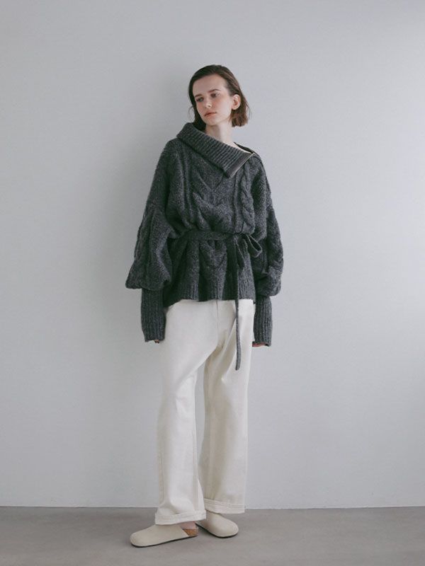 ハイネックケーブルニットプルオーバー （GREY)