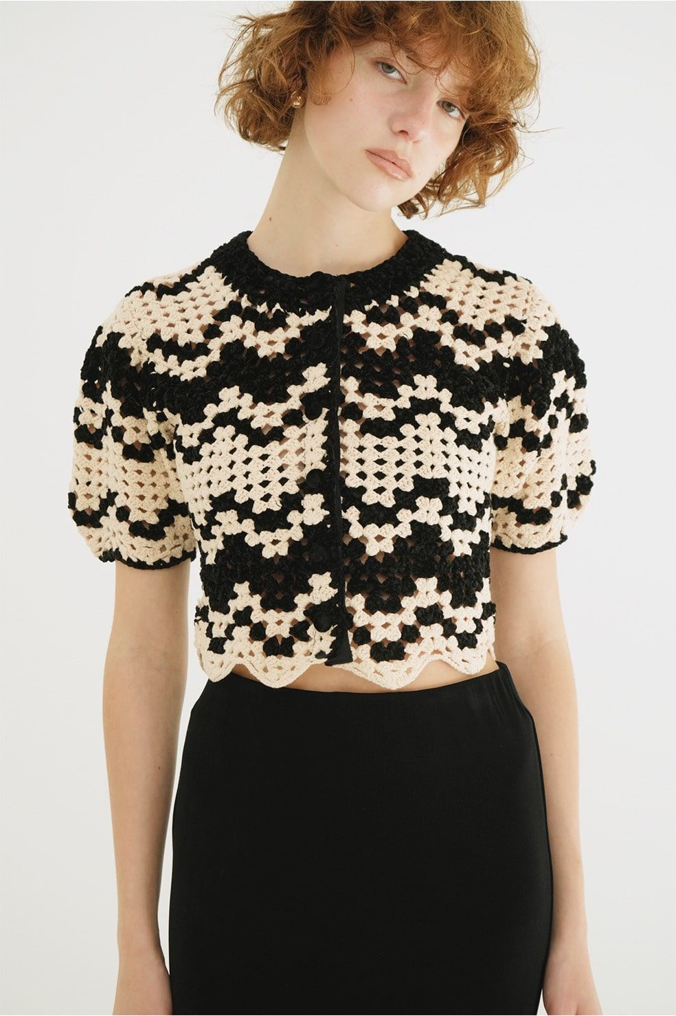 半袖ニットカーディガン - MALL BORDER HAND CROCHET KNIT CARDIGAN (black)