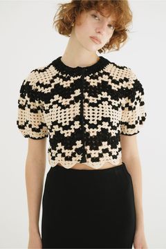 半袖ニットカーディガン - MALL BORDER HAND CROCHET KNIT CARDIGAN (black)