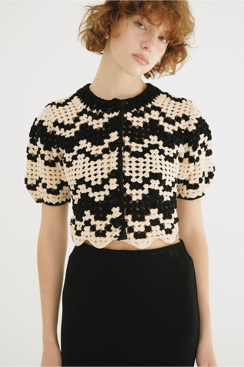 半袖ニットカーディガン - MALL BORDER HAND CROCHET KNIT CARDIGAN (black)