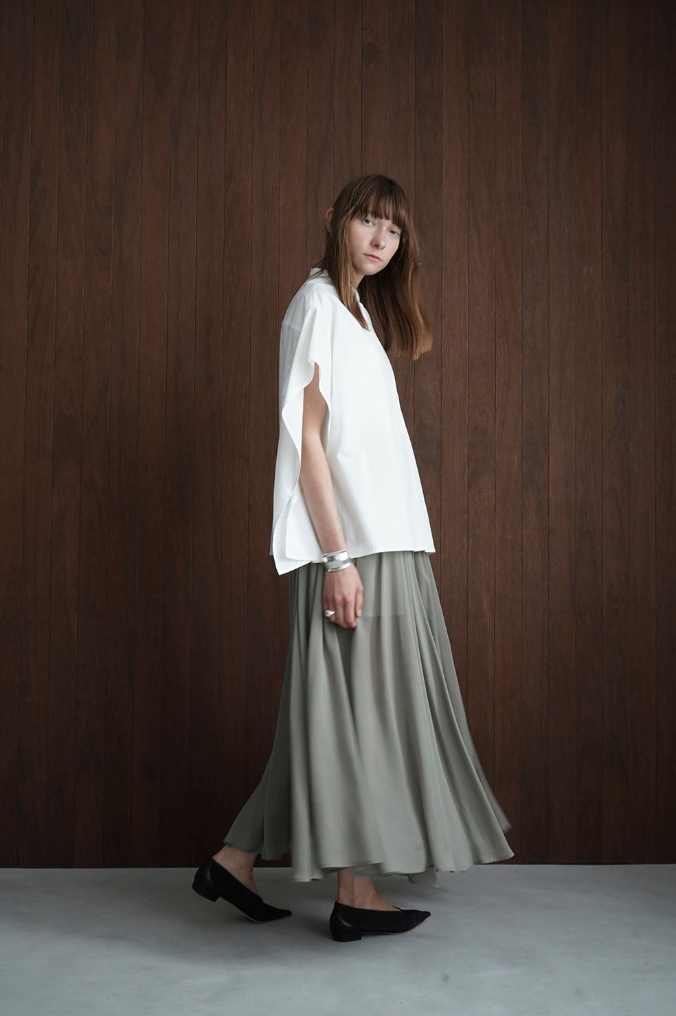 CLANE - シアー スリット スカート - SHEER SLIT SKIRT - MOSS GREN