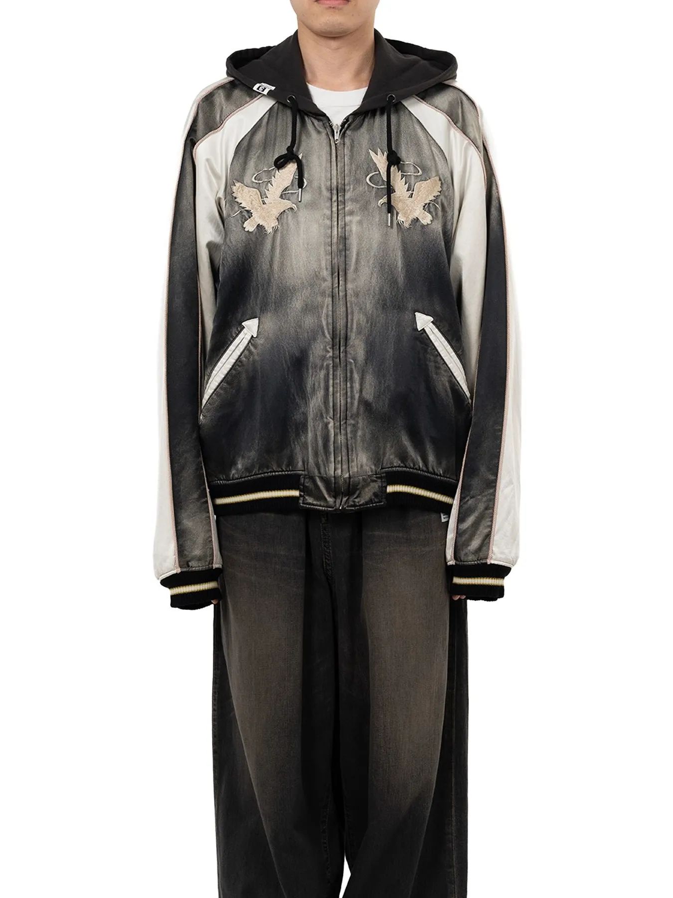 リバーシブルスーベニアジャケット - Reversible Hoodie Layered Souvenir Jacket (BLACK)