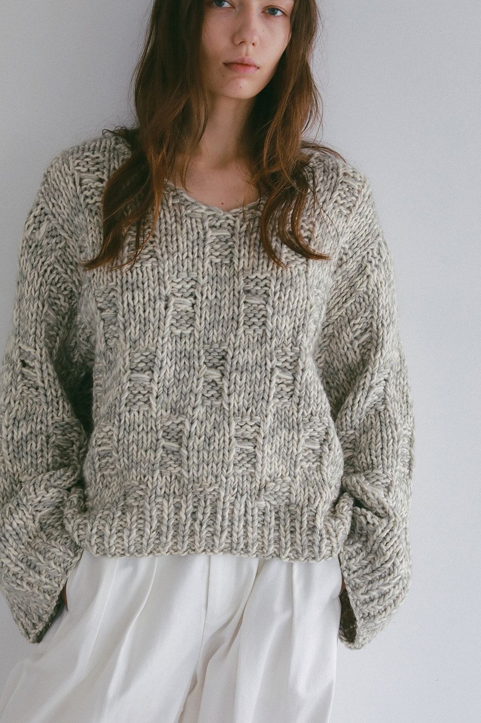 バルキーヤーンハンドニットトップス -  BULKY YARN HAND KNIT TOPS(GREY MIX)
