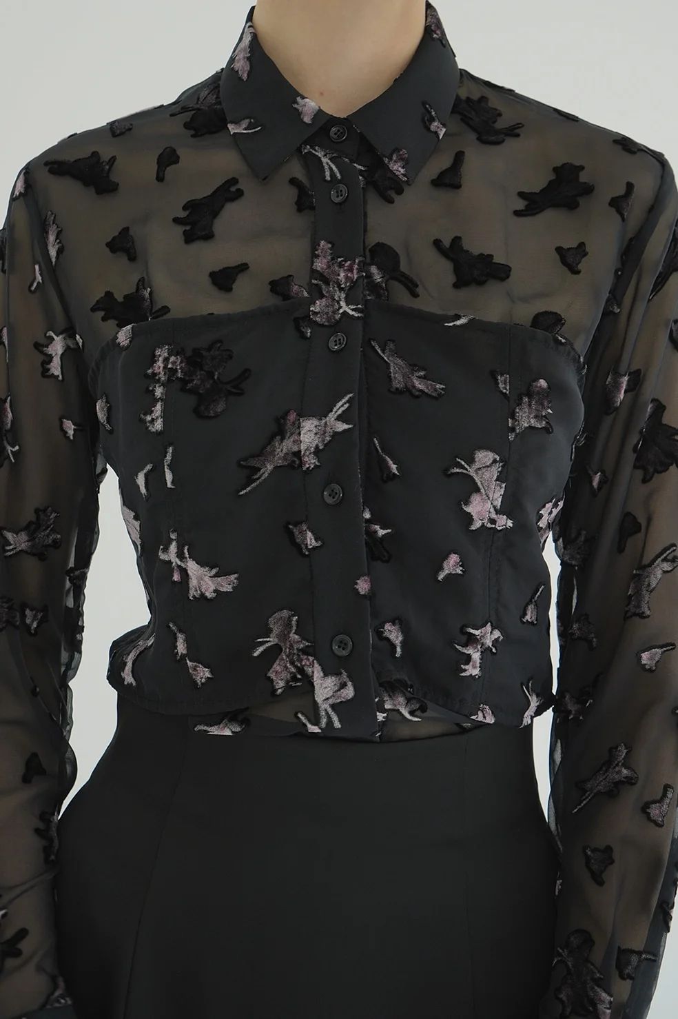オパールプリント ビスチェ付きシャツ -  FLOWER OPAL BUSTIER SHIRTS BLACK