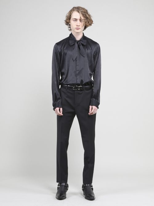 ストライプジャガードストレッチリボンシャツ - Stripe Ribbon Shirt - BLACK