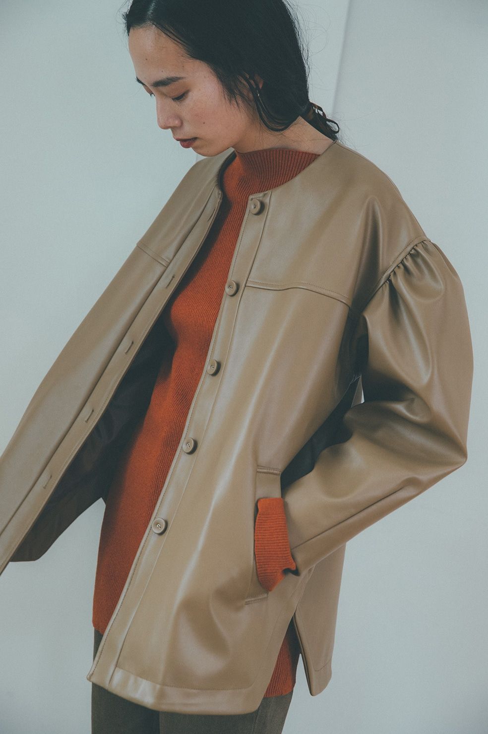 CLANE - VOLUME SLEEVE LEATHER BLOUSON