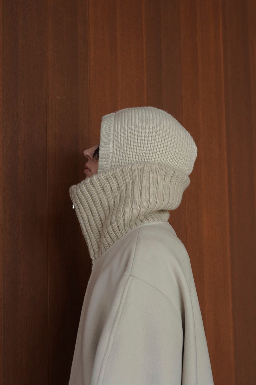 エリリブニットシングルコート - RIB COLLAR WOOL LONG COAT - IVORY