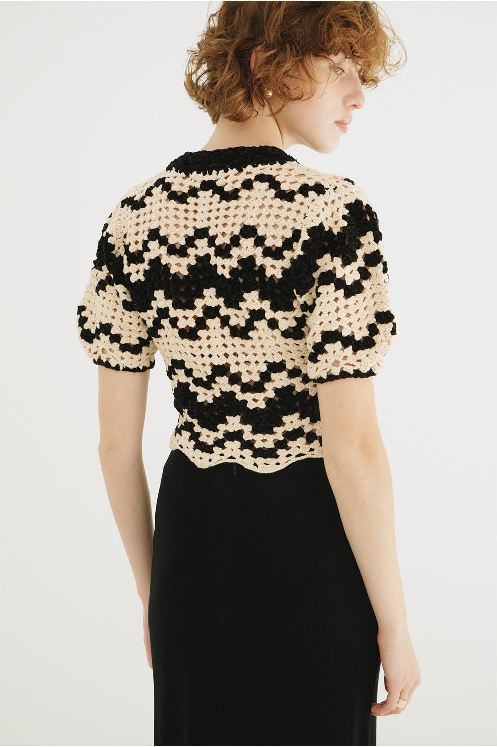 半袖ニットカーディガン - MALL BORDER HAND CROCHET KNIT CARDIGAN (black)