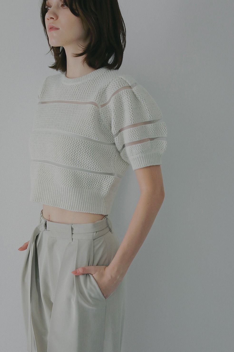 ショート丈ニットトップス - OPENWORK KNIT SHORT TOPS (IVORY)