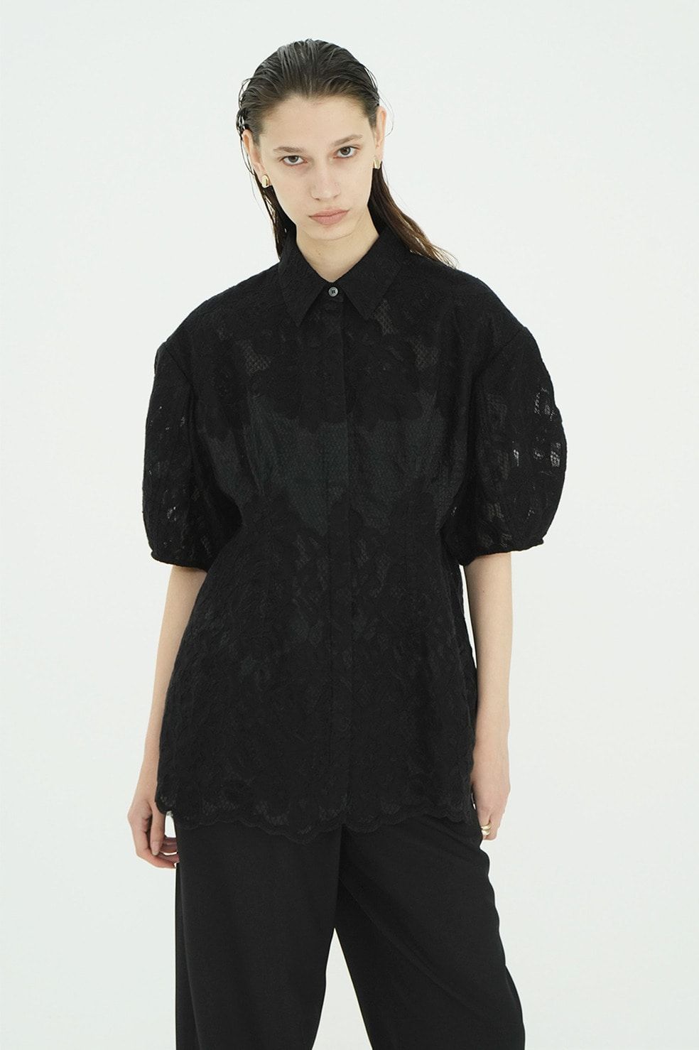 フラワーレーストップス -  FLOWER LACE WAIST SHAPE TOPS (BLACK)