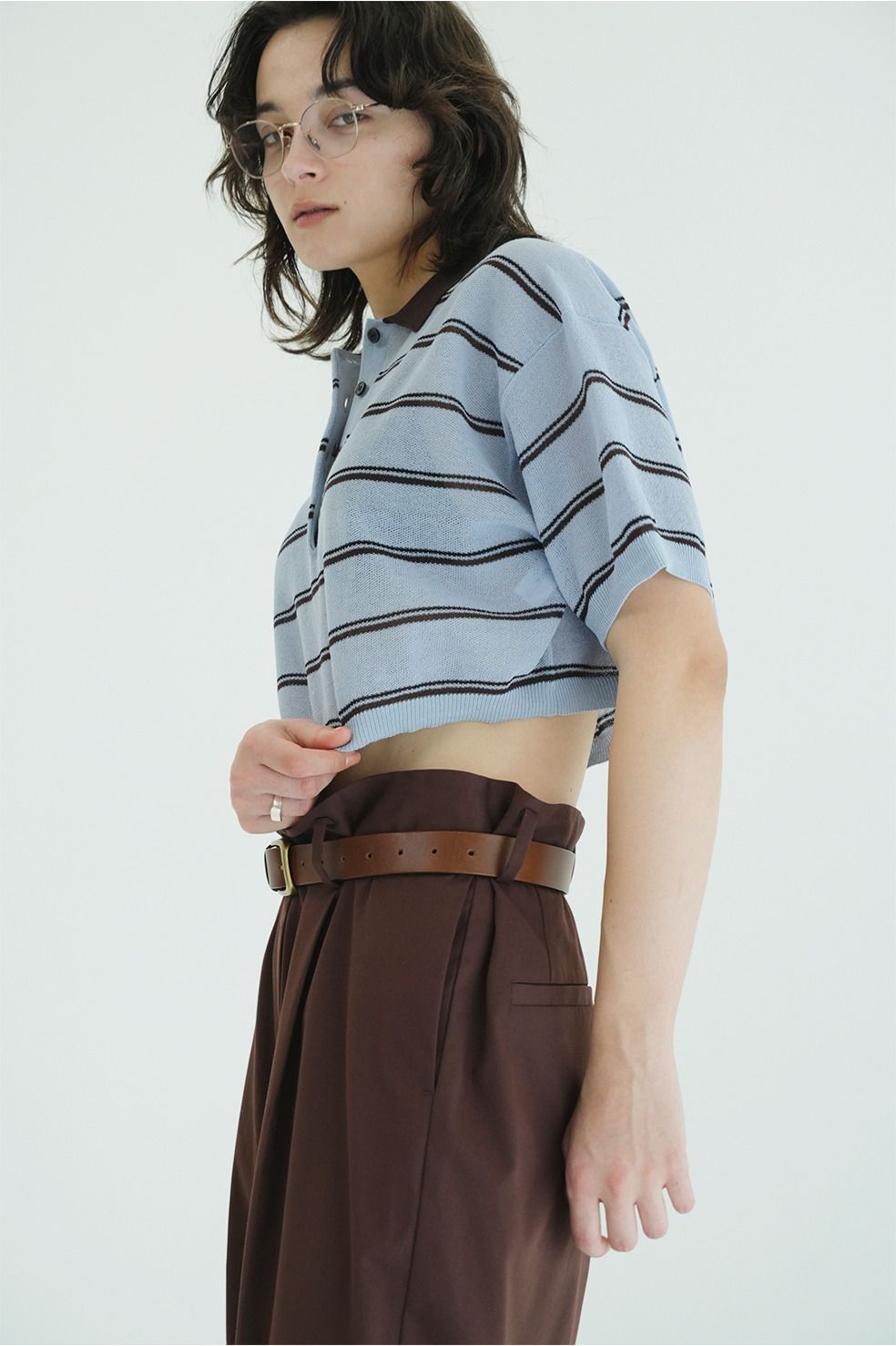 ボーダーポロトップス - SPONGY SHEER POLO KNIT TOPS (BLUE)