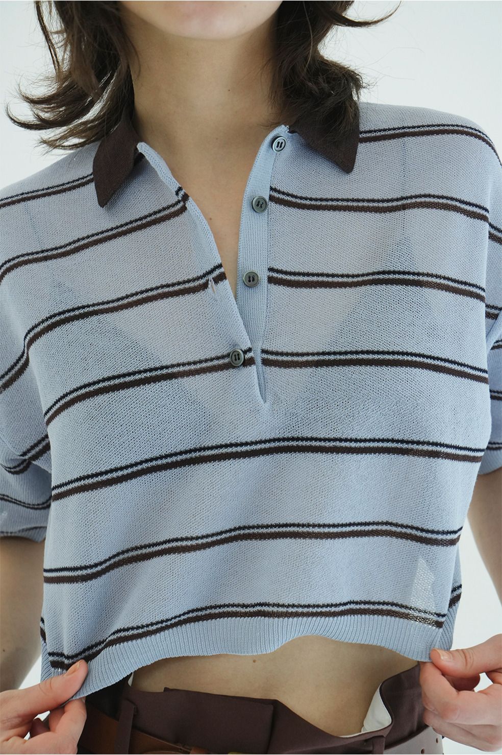 ボーダーポロトップス - SPONGY SHEER POLO KNIT TOPS (BLUE)