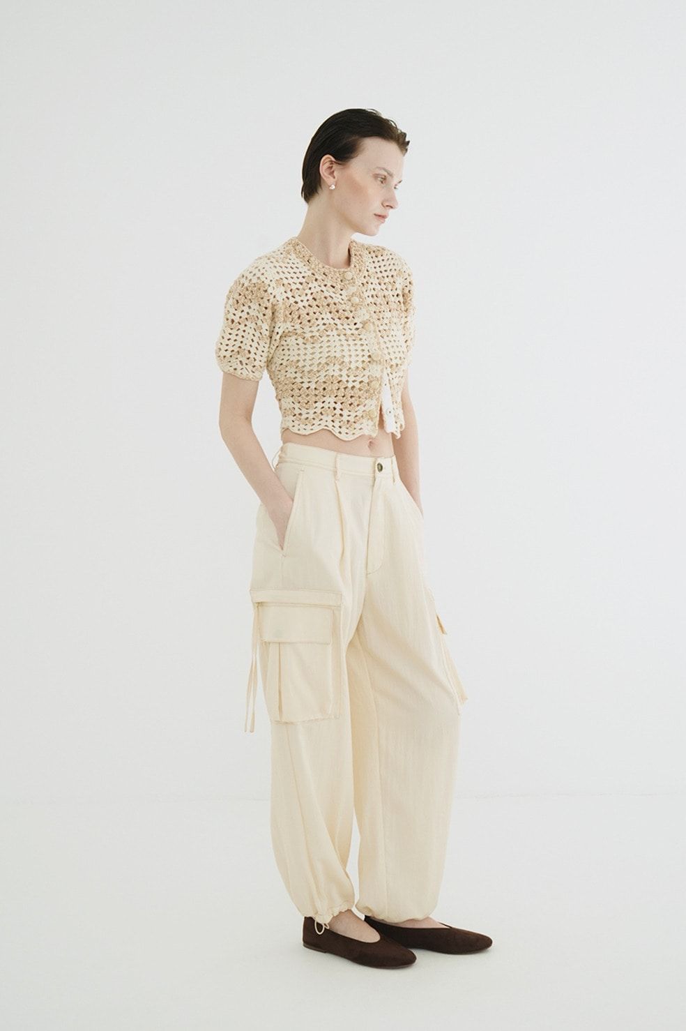 半袖ニットカーディガン - MALL BORDER HAND CROCHET KNIT CARDIGAN (BEIGE)