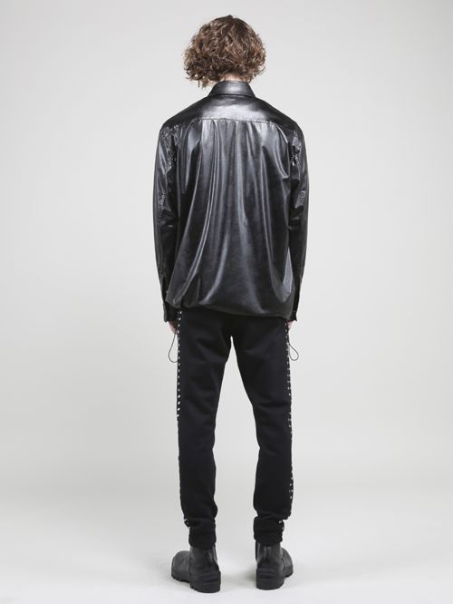 ウォッシャブルライトフェイクレザーコーチジャケット - Fake Leather Coach Jacket - BLACK