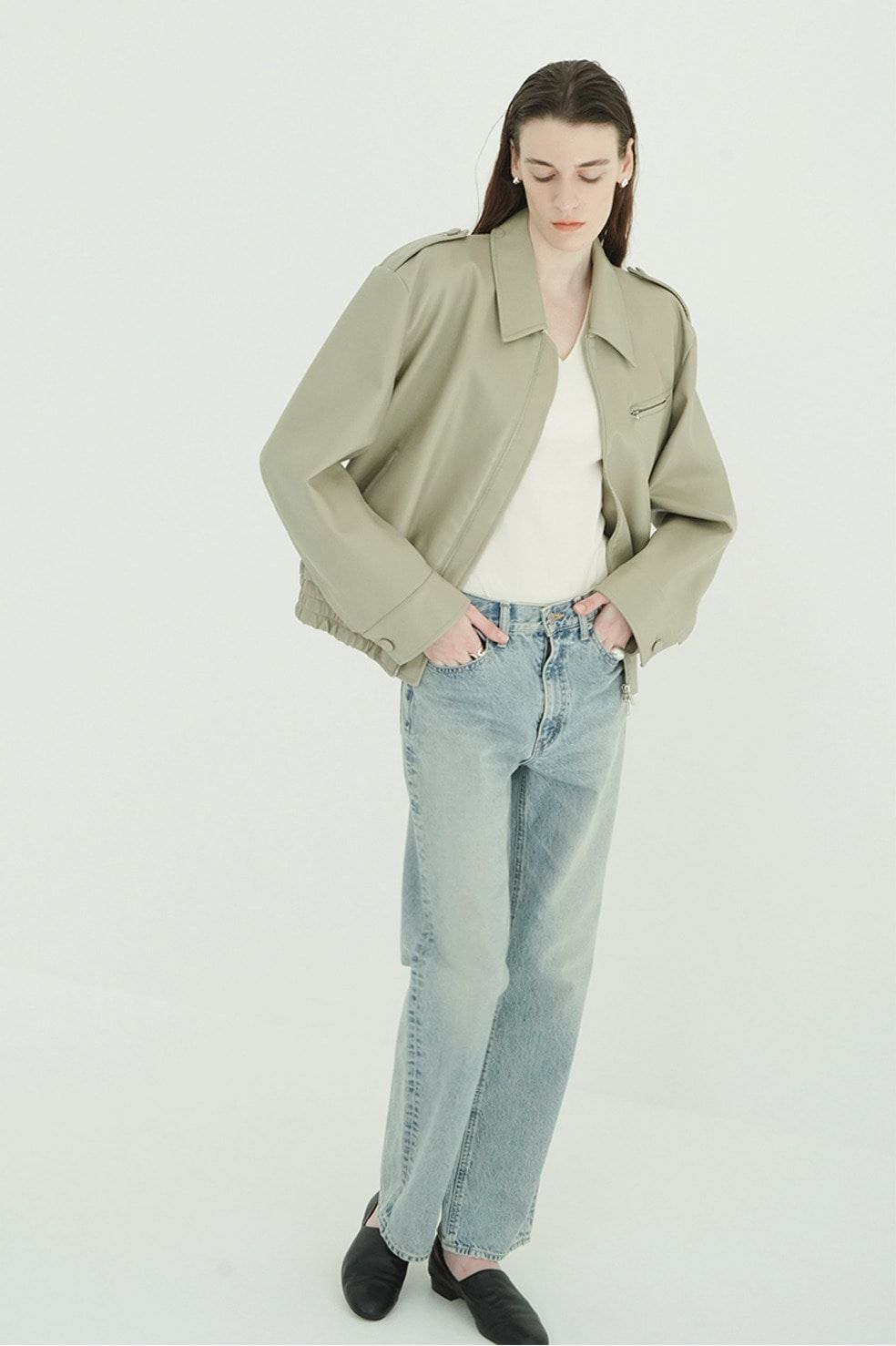 バルキーラインシングルレザージャケット - BULKY LINE SINGLE LEATHER JACKET (MOSS GREEN)