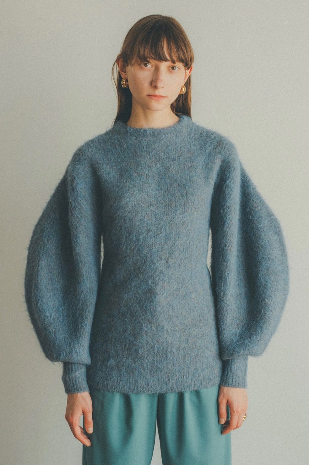 CLANE - ROUND SLEEVE MOHAIR KNIT TOPS - BLUE