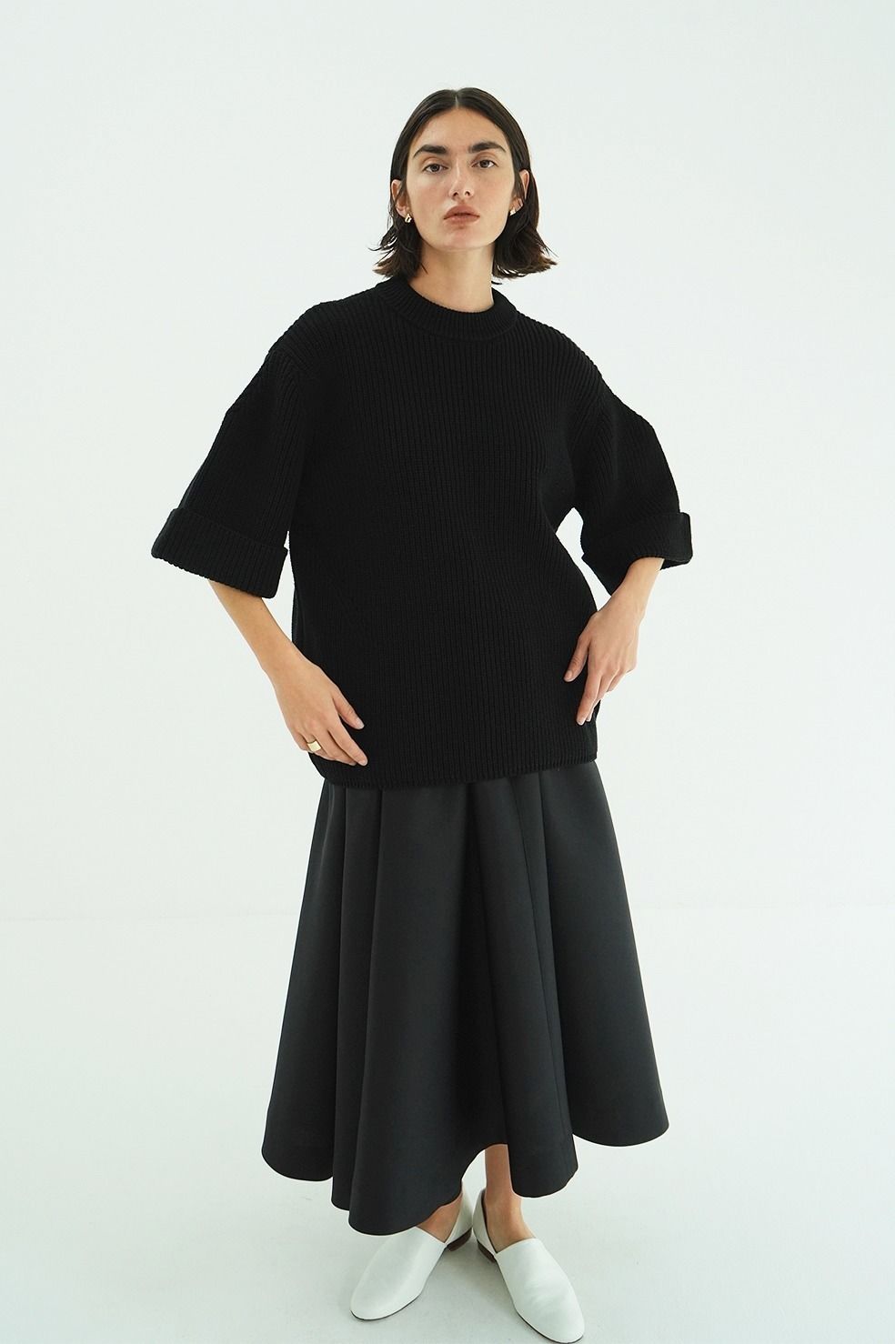 ニットトップス - OVER HALF SLEEVE KNIT TOPS (BLACK)
