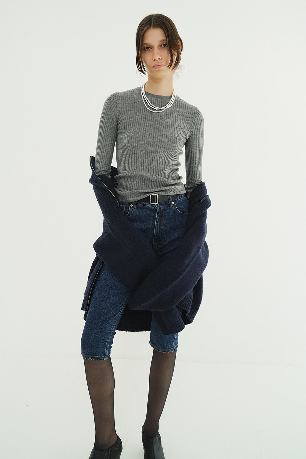 シアーリブニットカットソー | SHEER RIB KNIT TOPS (GREY)