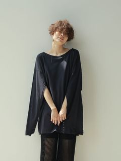 スリットスリーブリングドットトップス - NAVY