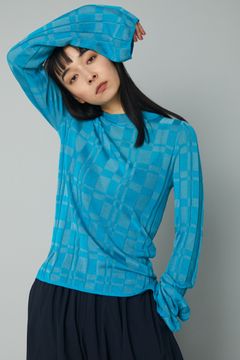 チェック ニット トップス - Check knit tops - BLUE