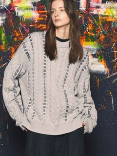 ニットプルオーバー - Cable Knitting Sheer Intarsia Prime-Over Crew Neck Knit Pullover GREY