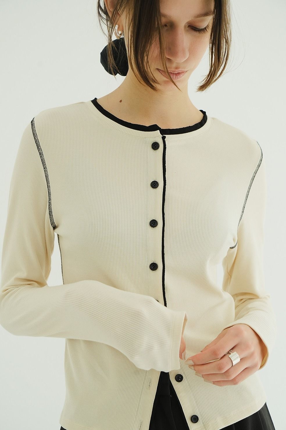 バイカラーカーディガン | W FACE BICOLOR CARDIGAN (IVORY)