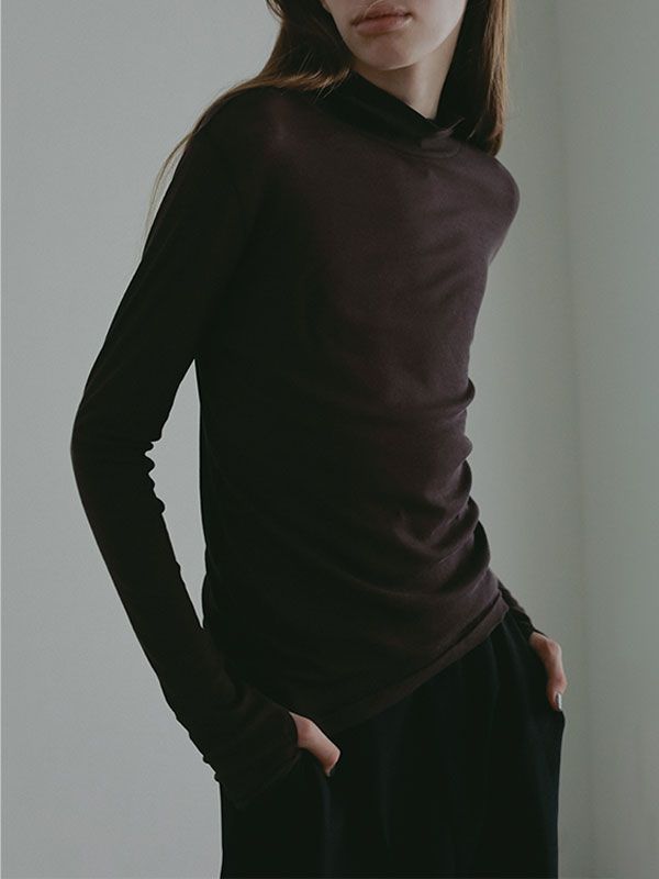 バーサタイルハイネックシアーロンTee (BROWN)